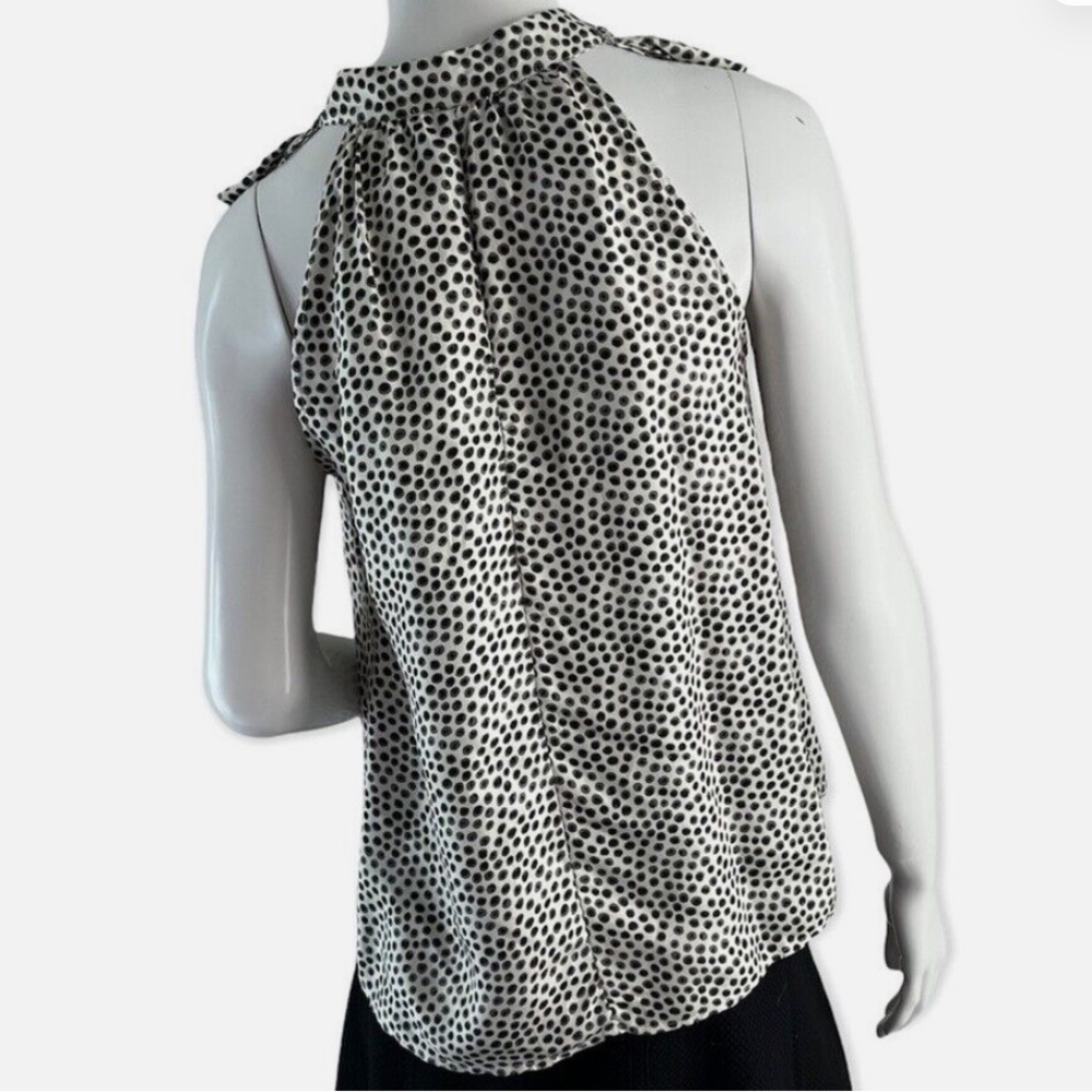 Cynthia Rowley 100 % Silk White Black Polka Dot V Neck Ruffle Sleeveless Top - Picture 3 of 7